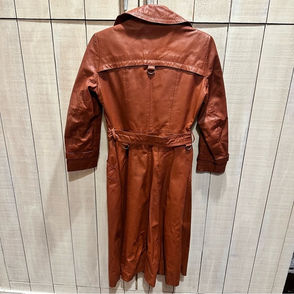GENUINE LEATHER ARGENTINEAN RUST/BRICK COLOR LONG‎ TRENCH SIZE 2 - Picture 5 of 8